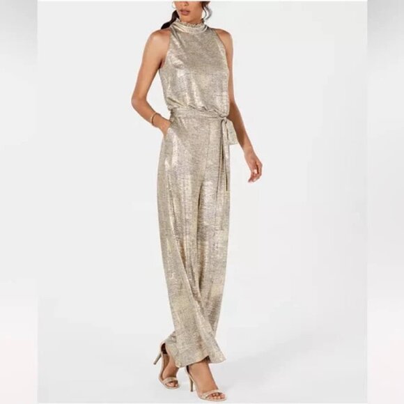 Vince Camuto gold jumpsuit, Wide leg, high neck, With belt, Size 4 - Picture 1 of 7